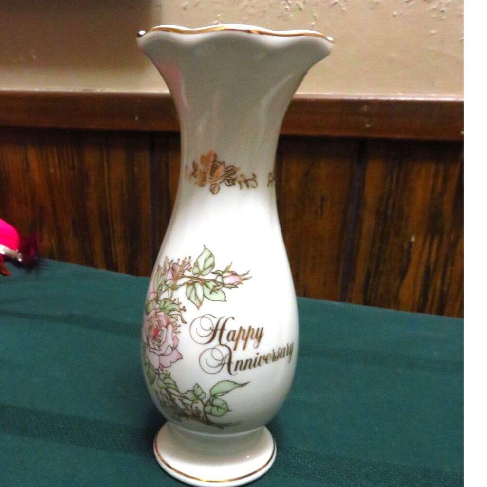 Vintage Enesco 1983 Happy Anniversary Vase. Pink Roses Gold Trim. Made in Japan.